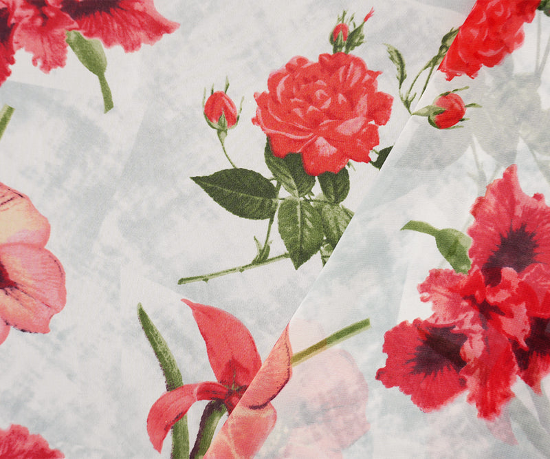 Red-Gray-Green Poly Floral Printed Chiffon Woven Fabric