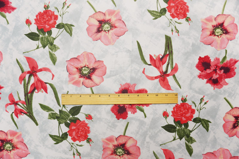Red-Gray-Green Poly Floral Printed Chiffon Woven Fabric