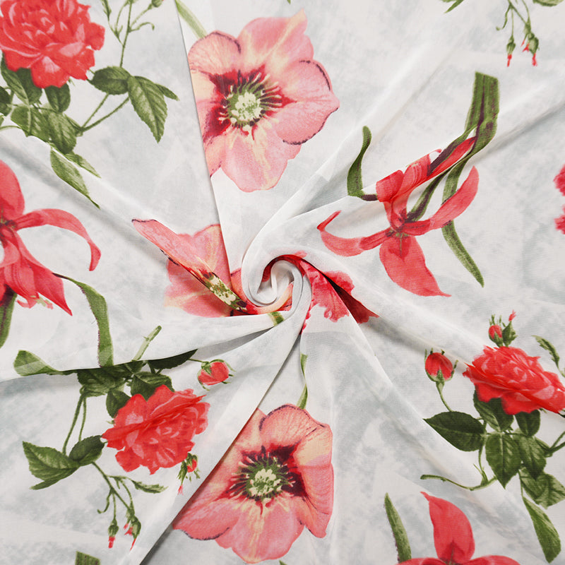 Red-Gray-Green Poly Floral Printed Chiffon Woven Fabric