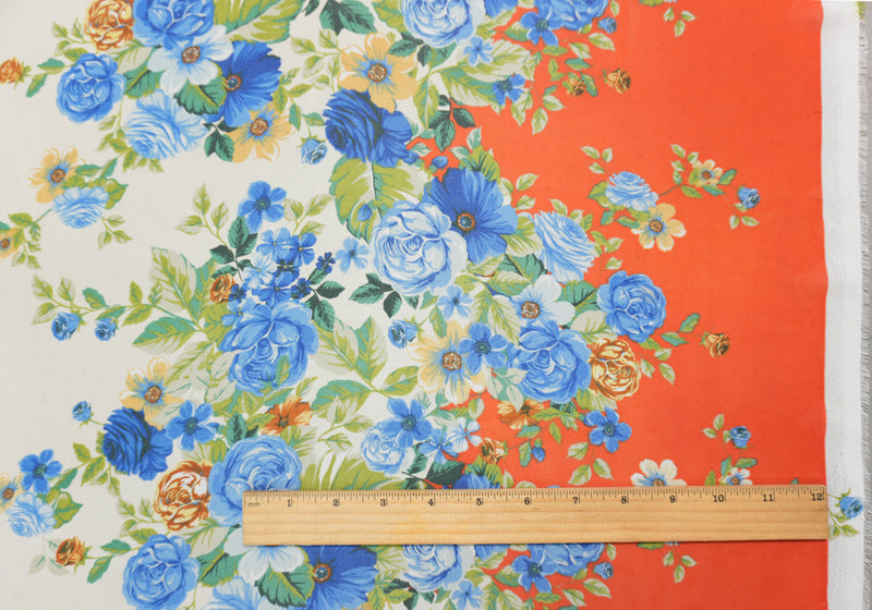 Orange-Blue-Multi Poly Floral Border Printed Chiffon Woven Fabric