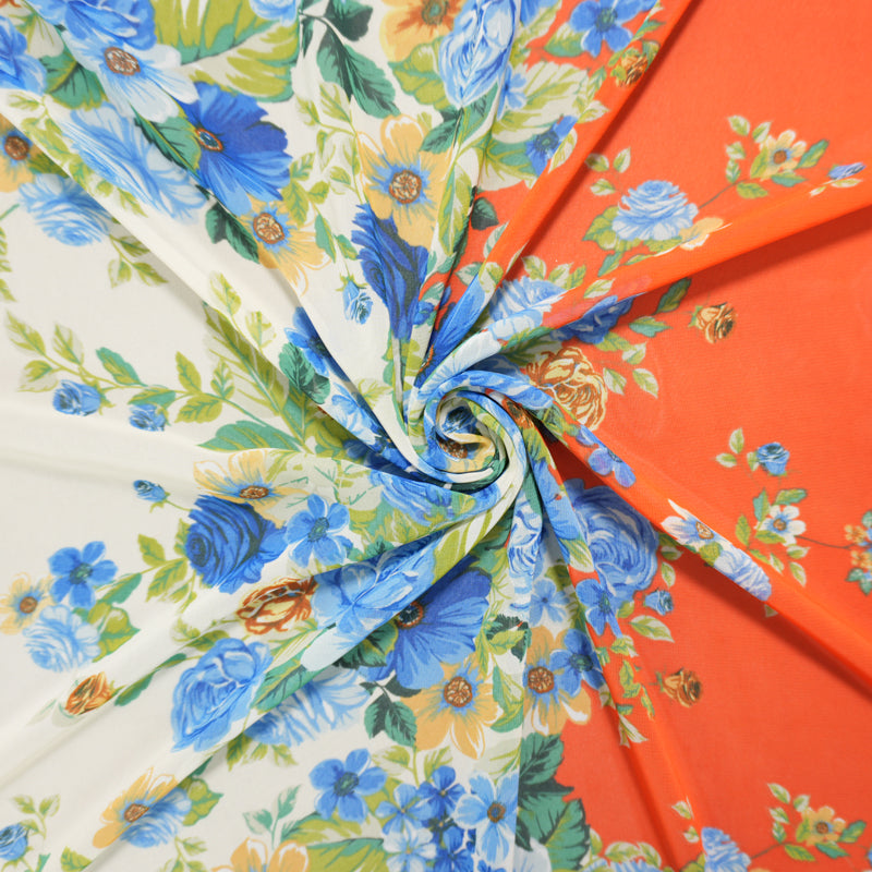Orange-Blue-Multi Poly Floral Border Printed Chiffon Woven Fabric
