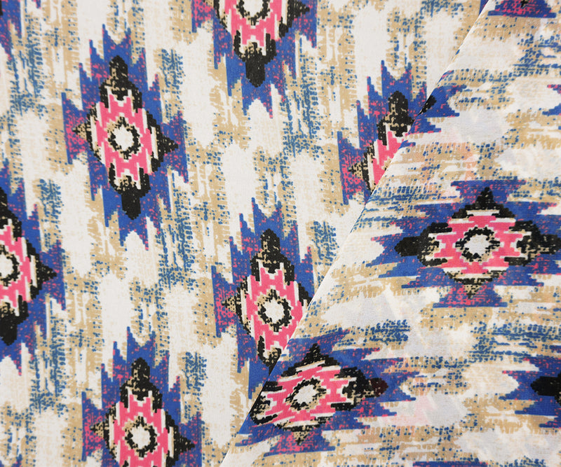 Blue-Pink-Multi Poly Aztec Printed Chiffon Woven Fabric