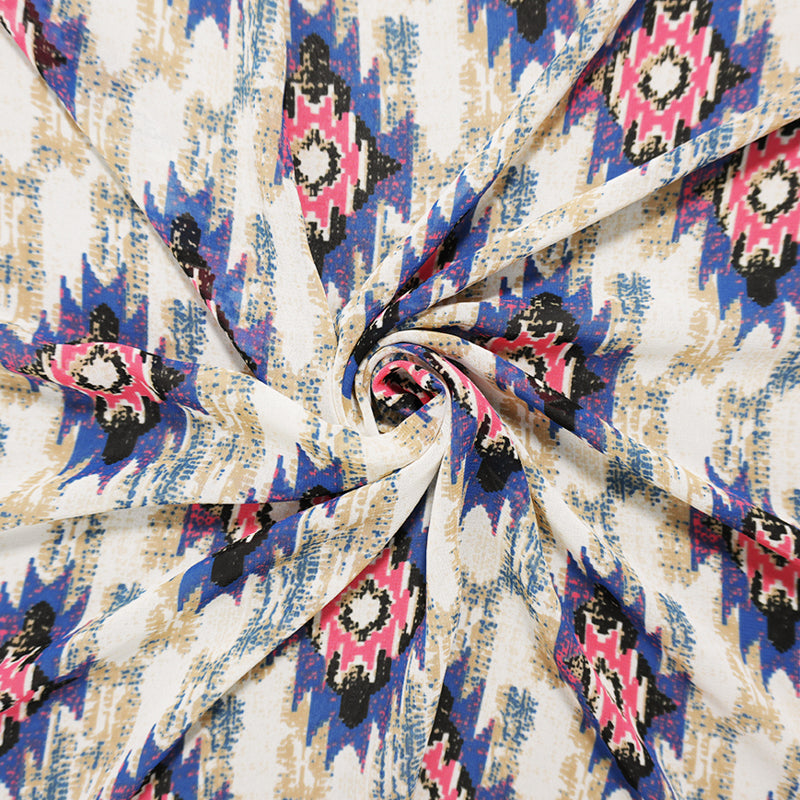 Blue-Pink-Multi Poly Aztec Printed Chiffon Woven Fabric