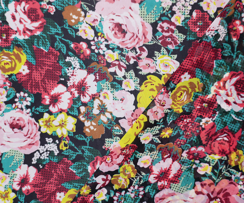 Black-Red-Multi Poly Floral Printed Chiffon Woven Fabric