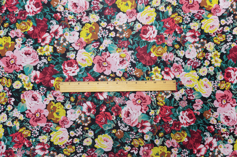 Black-Red-Multi Poly Floral Printed Chiffon Woven Fabric