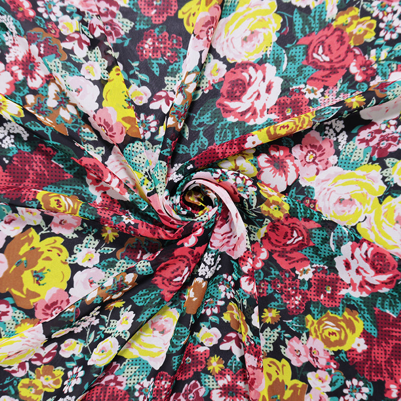 Black-Red-Multi Poly Floral Printed Chiffon Woven Fabric