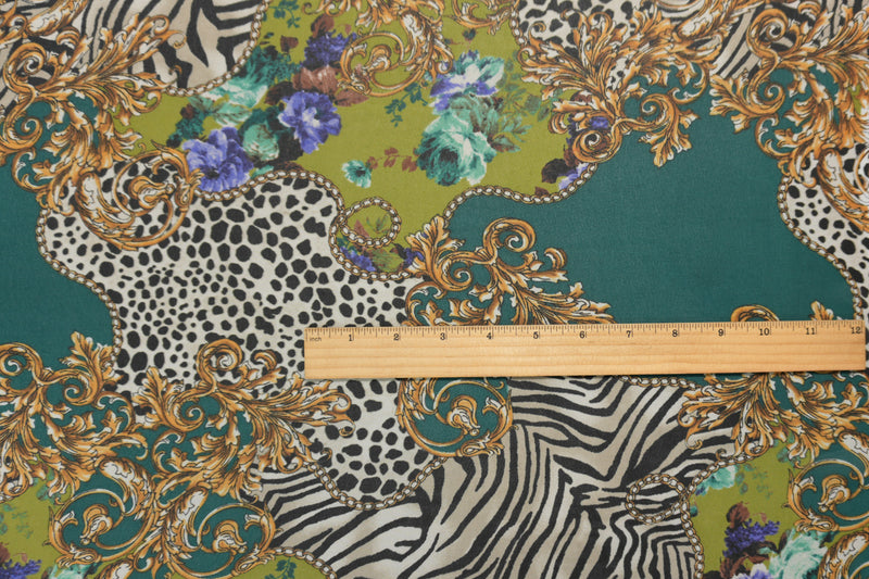 Green-Yellow-Multi Poly Multi Pattern Print Chiffon Woven Fabric