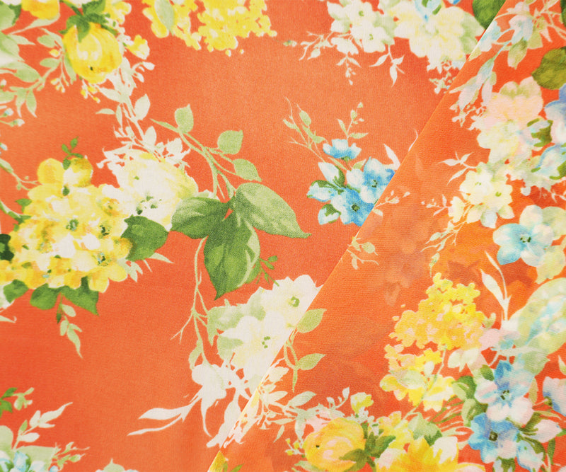 Orange-Blue-Multi Poly Floral Printed Chiffon Woven Fabric