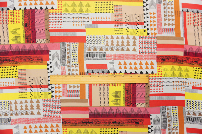 Red-Brown-Multi Poly Aztec Geo Printed Chiffon Woven Fabric