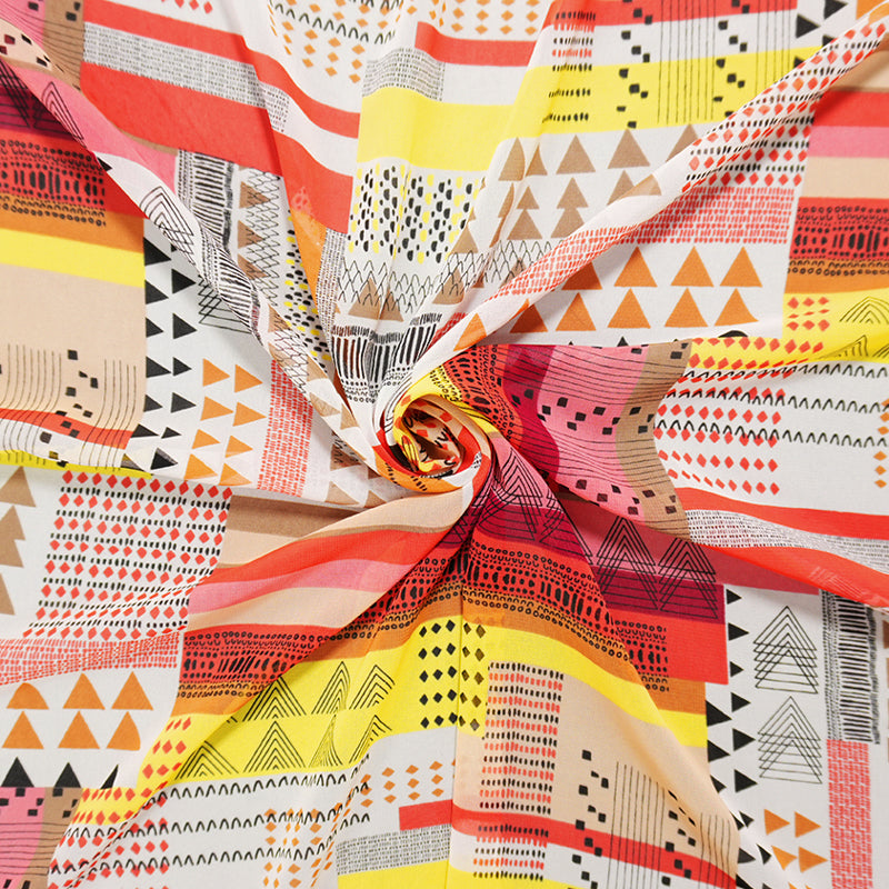 Red-Brown-Multi Poly Aztec Geo Printed Chiffon Woven Fabric