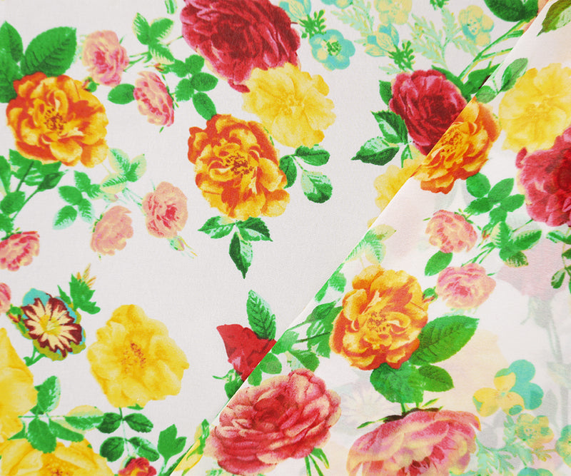 White-Red-Green Poly Floral Printed Chiffon Woven Fabric