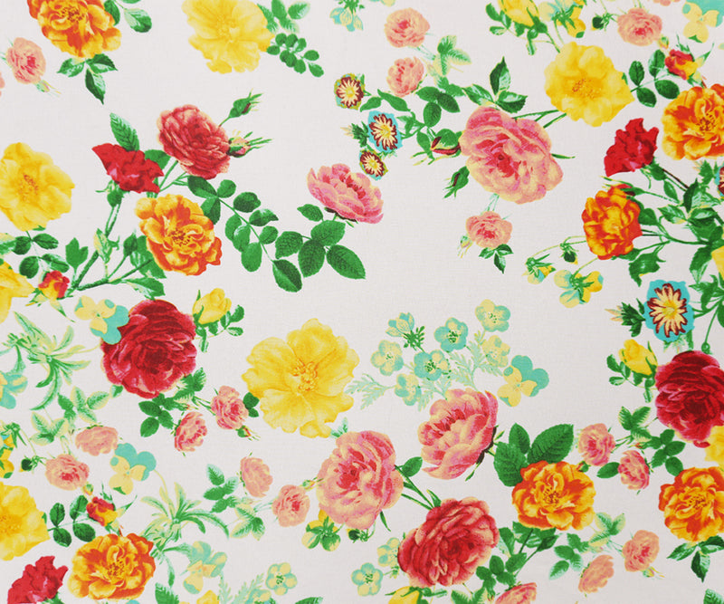 White-Red-Green Poly Floral Printed Chiffon Woven Fabric