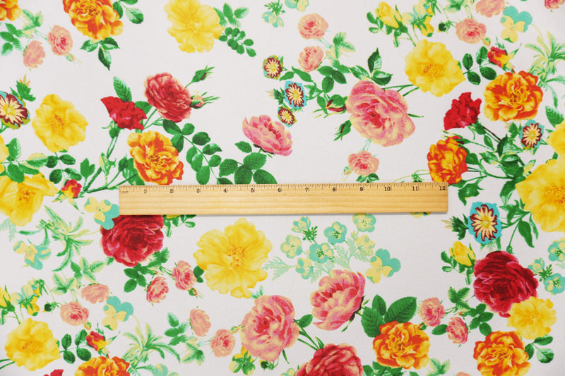 White-Red-Green Poly Floral Printed Chiffon Woven Fabric