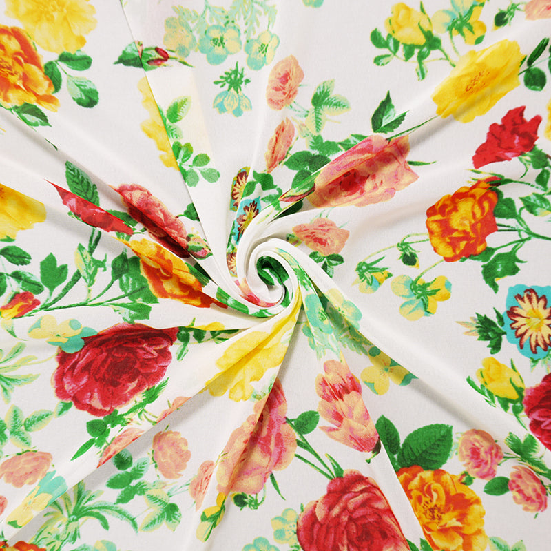 White-Red-Green Poly Floral Printed Chiffon Woven Fabric