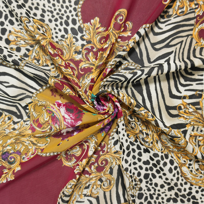 Red-Yellow-Multi Poly Multi Pattern Printed Chiffon Woven Fabric