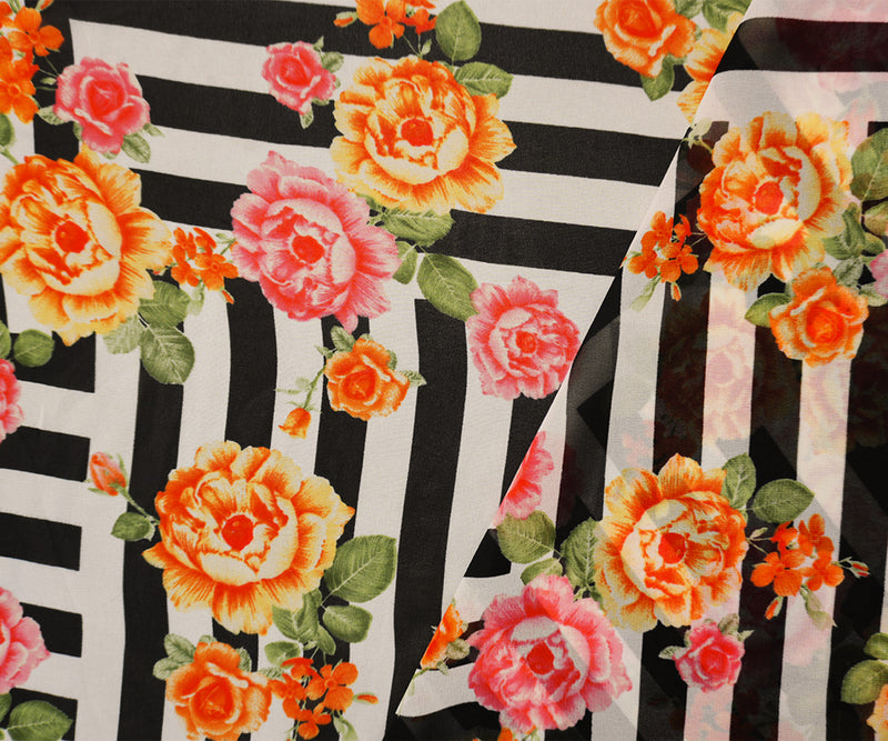 Orange-Black Poly Floral Stripe Printed Chiffon Woven Fabric