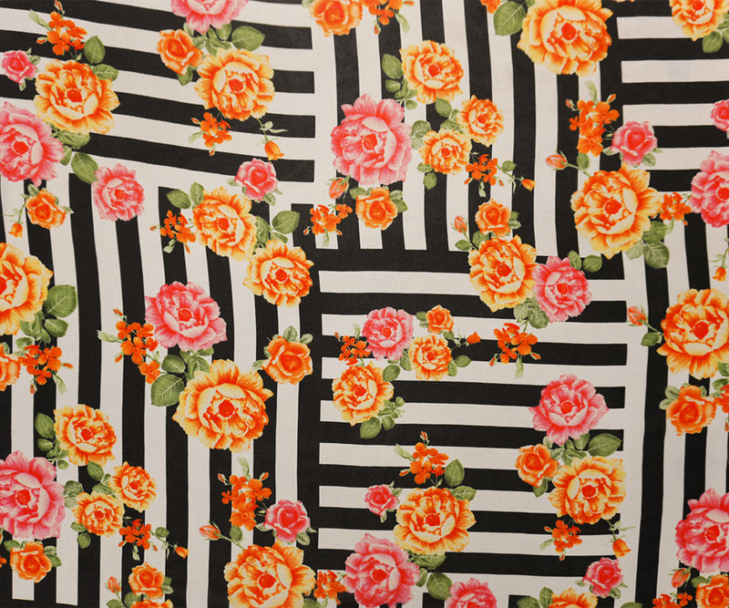 Orange-Black Poly Floral Stripe Printed Chiffon Woven Fabric