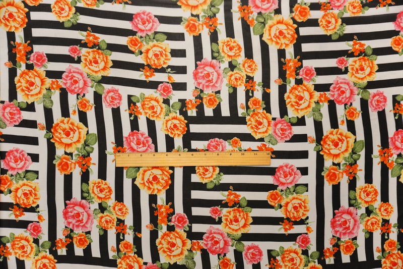 Orange-Black Poly Floral Stripe Printed Chiffon Woven Fabric