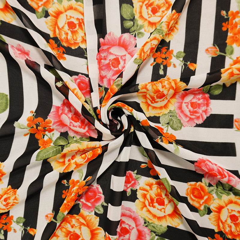 Orange-Black Poly Floral Stripe Printed Chiffon Woven Fabric