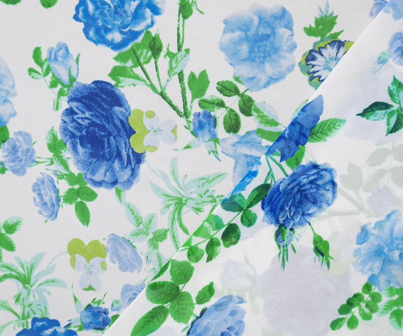 White-Blue-Multi Poly Floral Printed Chiffon Woven Fabric