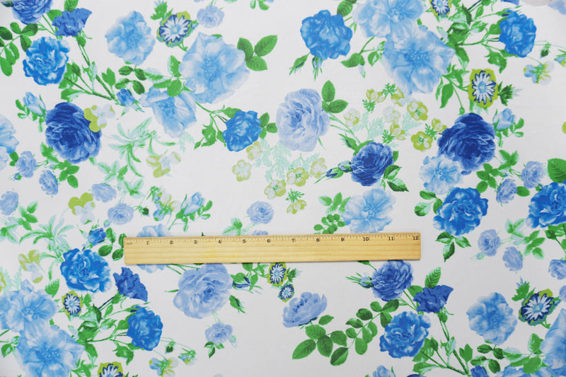 White-Blue-Multi Poly Floral Printed Chiffon Woven Fabric