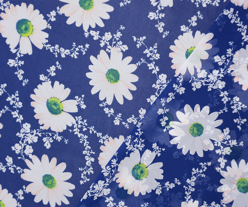 Blue-White-Multi Poly Floral Printed Chiffon Woven Fabric