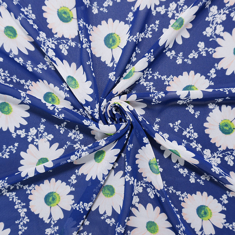 Blue-White-Multi Poly Floral Printed Chiffon Woven Fabric