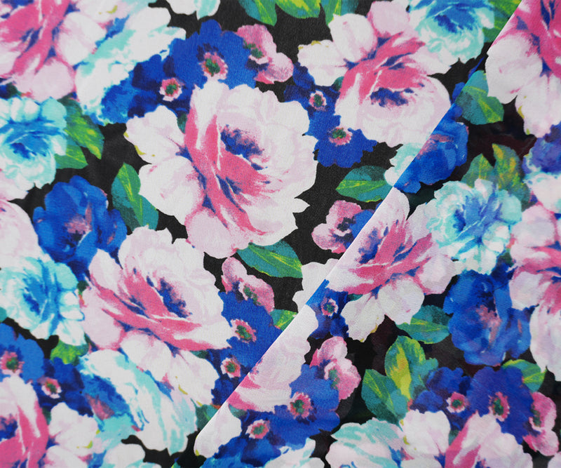 Black-Blue-Multi Poly Floral Printed Chiffon Woven Fabric
