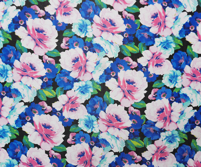 Black-Blue-Multi Poly Floral Printed Chiffon Woven Fabric