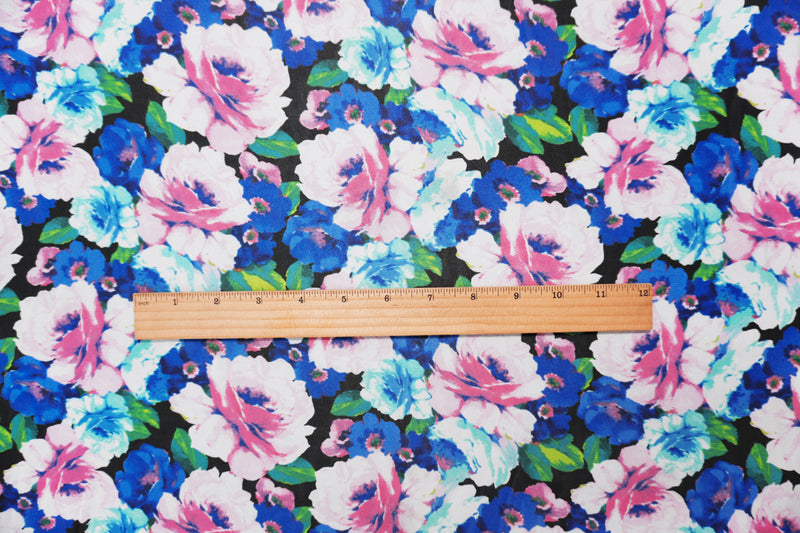 Black-Blue-Multi Poly Floral Printed Chiffon Woven Fabric