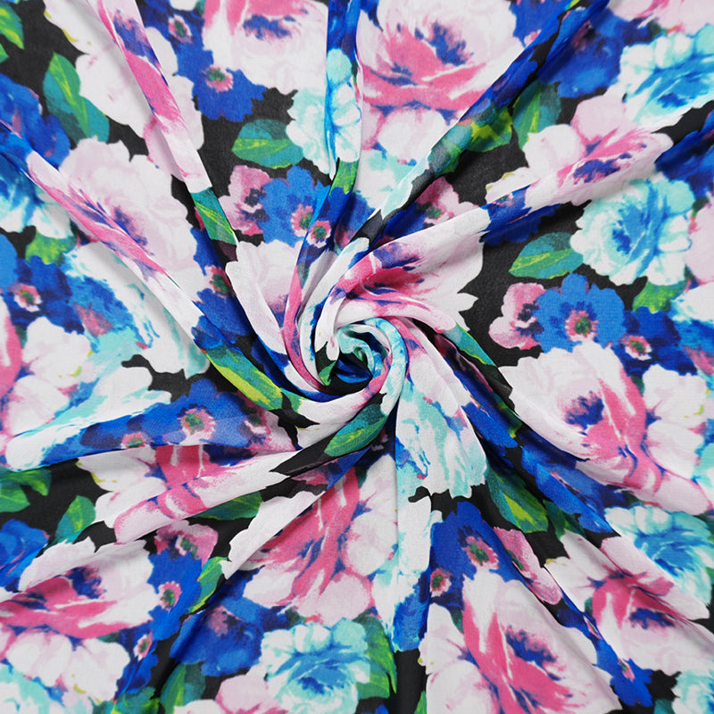 Black-Blue-Multi Poly Floral Printed Chiffon Woven Fabric
