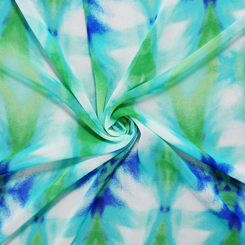 Blue-Teal-Green Poly Tie Dye Printed Chiffon Woven Fabric