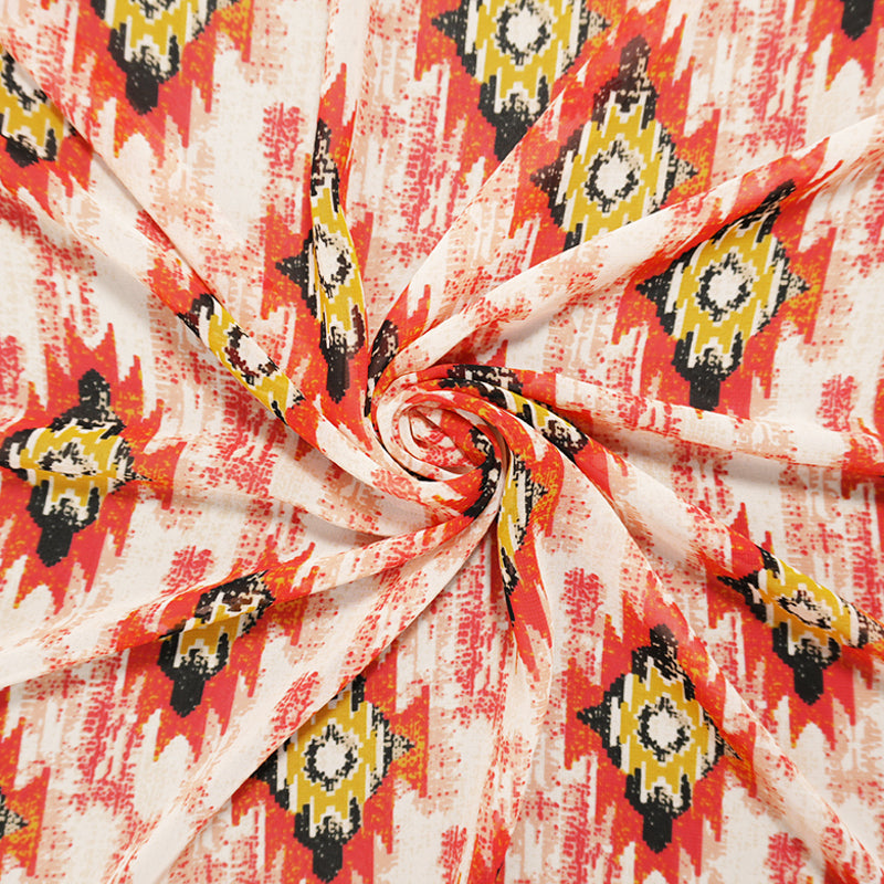 Red-Yellow-Multi Poly Aztec Printed Chiffon Woven Fabric