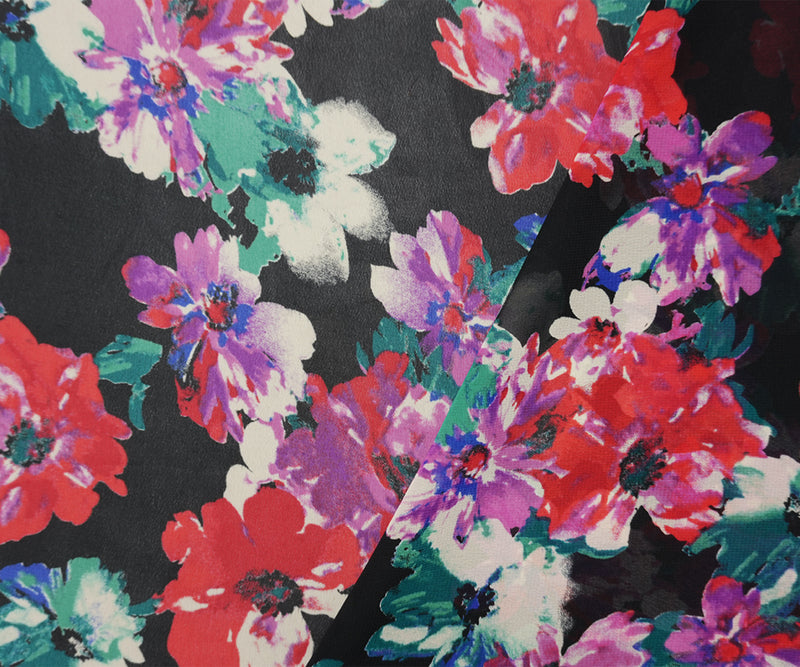 Black-Red-Multi Poly Floral Printed Chiffon Woven Fabric