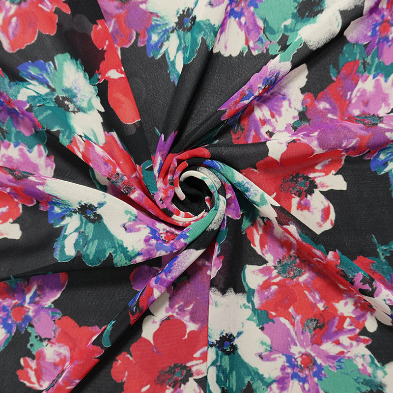 Black-Red-Multi Poly Floral Printed Chiffon Woven Fabric