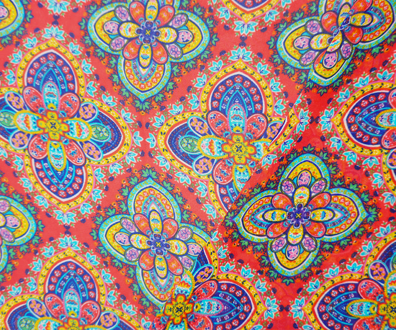 Red-Yellow-Multi Poly Moroccan Floral Print Chiffon Woven Fabric
