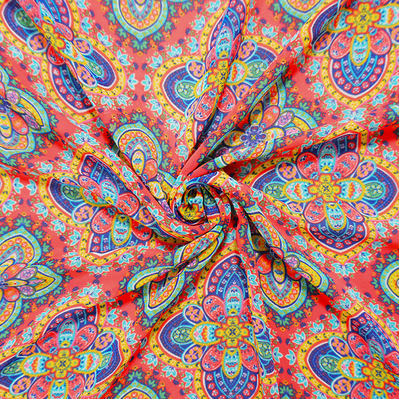 Red-Yellow-Multi Poly Moroccan Floral Print Chiffon Woven Fabric