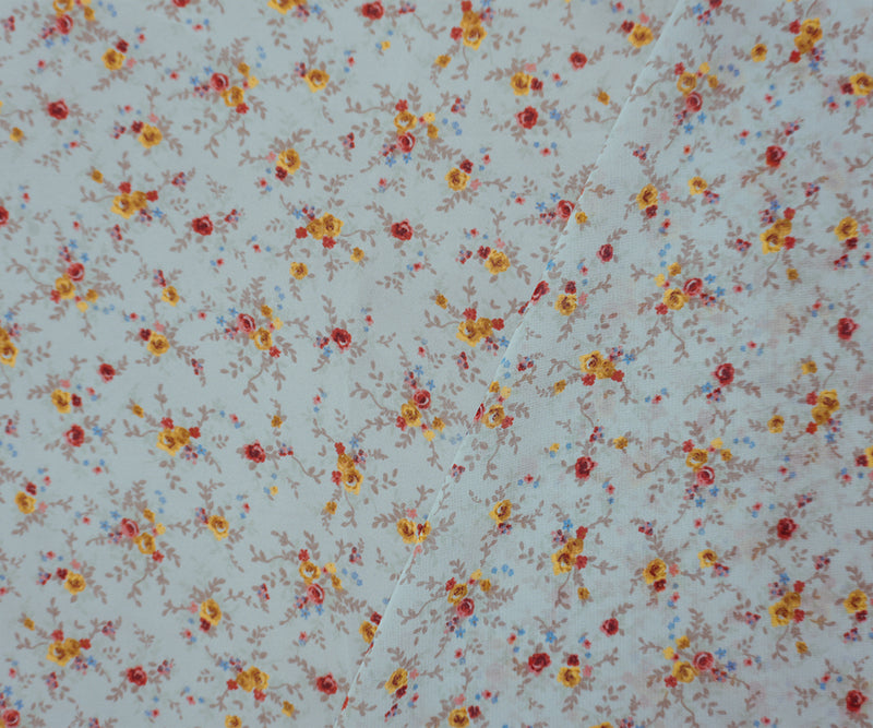 Blue-Red-Multi Poly Ditsy Floral Printed Chiffon Woven Fabric