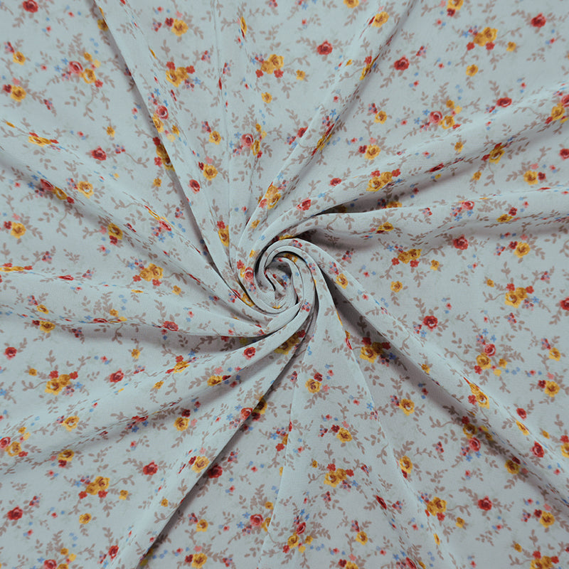 Blue-Red-Multi Poly Ditsy Floral Printed Chiffon Woven Fabric