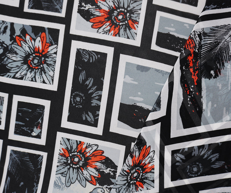 Black-Multi Poly Floral Portrait Printed Chiffon Woven Fabric