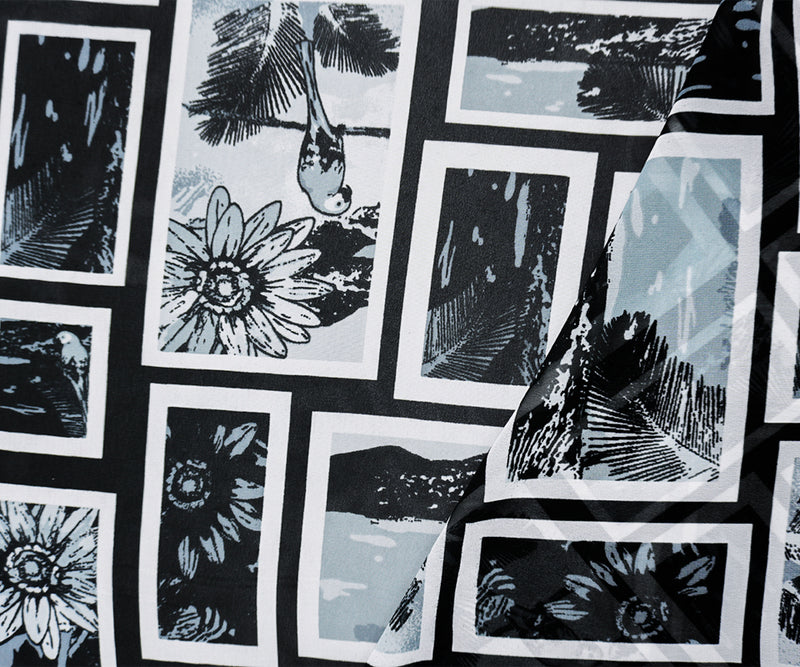 Black-Gray-White Poly Floral Bird Portrait Chiffon Woven Fabric