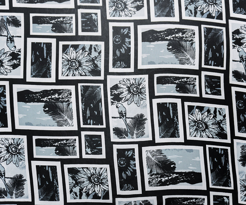 Black-Gray-White Poly Floral Bird Portrait Chiffon Woven Fabric