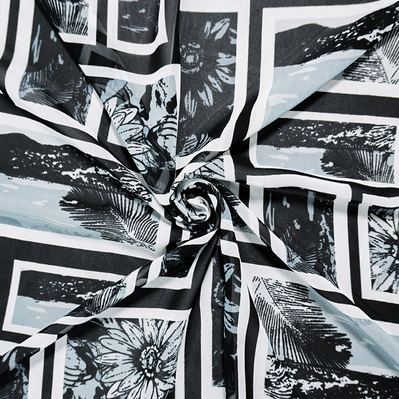 Black-Gray-White Poly Floral Bird Portrait Chiffon Woven Fabric