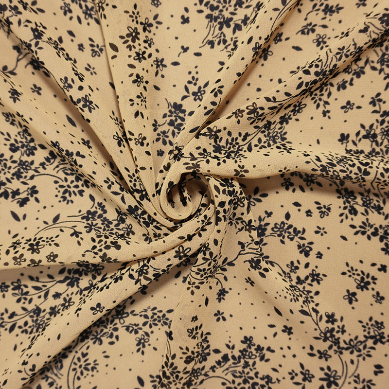 Brown-Black Poly Floral Vine Printed Chiffon Woven Fabric