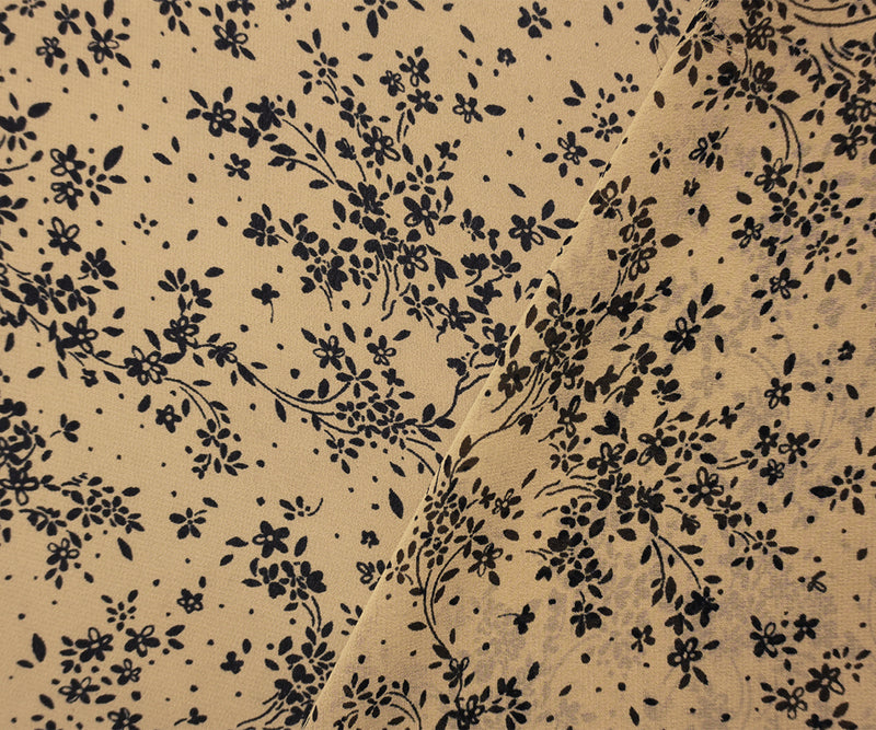 Brown-Black Poly Floral Vine Printed Chiffon Woven Fabric