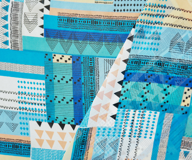 Blue-Coral-Multi Poly Aztec Geo Printed Chiffon Woven Fabric