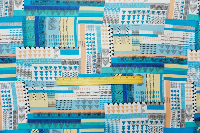 Blue-Coral-Multi Poly Aztec Geo Printed Chiffon Woven Fabric