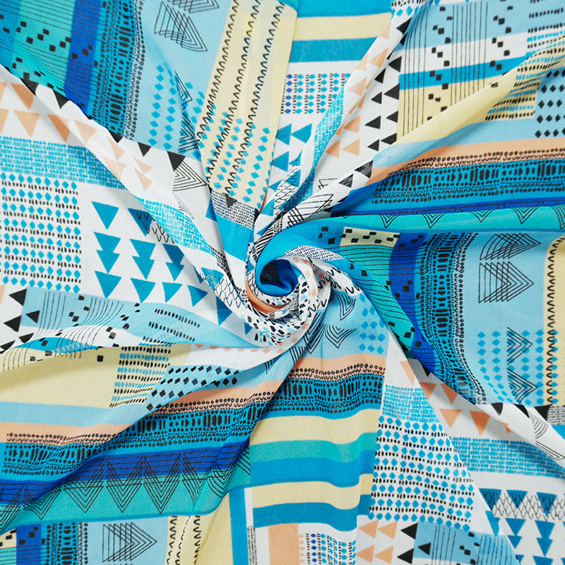 Blue-Coral-Multi Poly Aztec Geo Printed Chiffon Woven Fabric