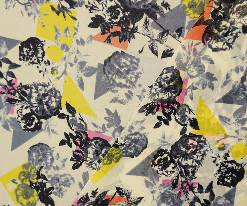 Ivory-Black-Multi Poly Floral Geo Print Chiffon Woven Fabric