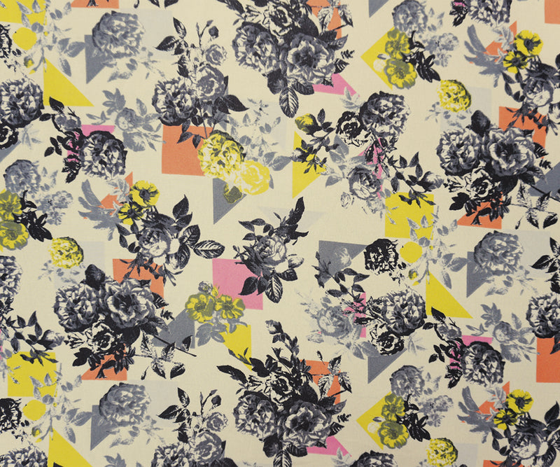 Ivory-Black-Multi Poly Floral Geo Print Chiffon Woven Fabric